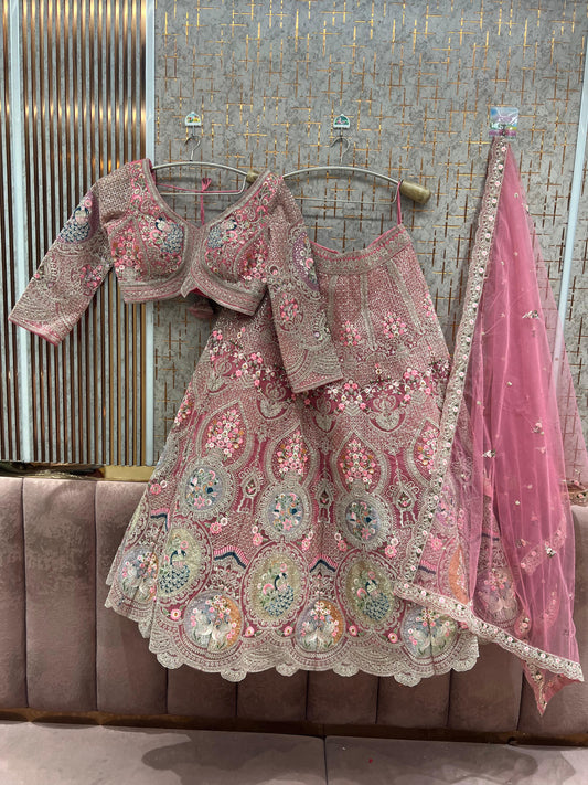 Baby Pink Peacock Crop Top Lehenga