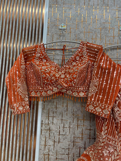 Rust Orange Fish Cut Crop Top Lehenga - Shopping World