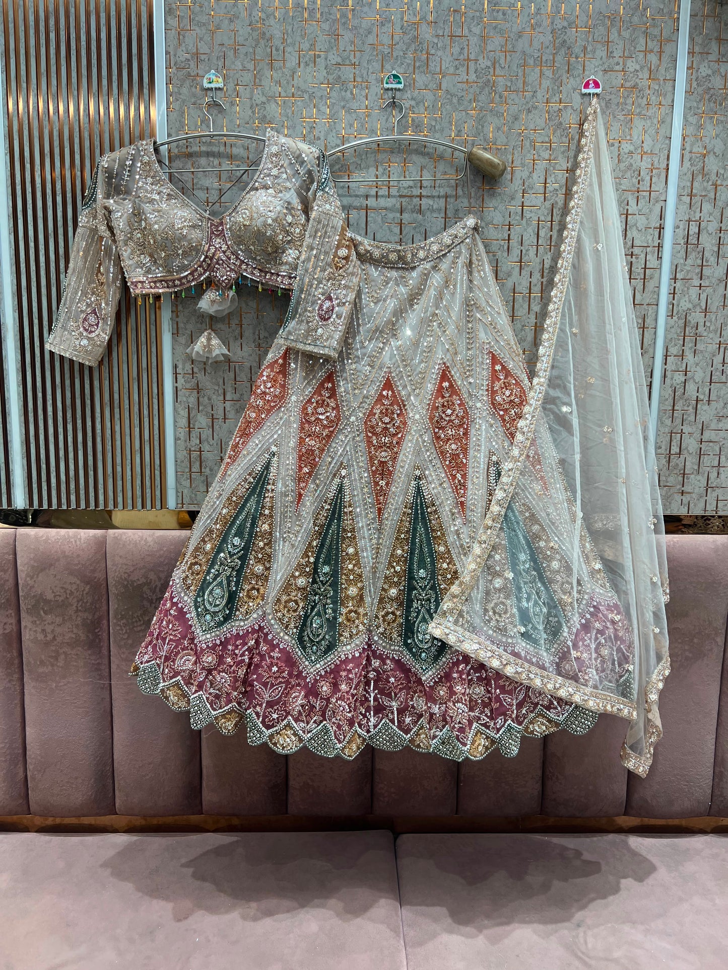 White Green Crop Top Lehenga