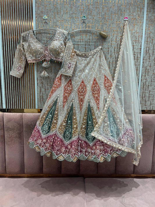 White Green Crop Top Lehenga