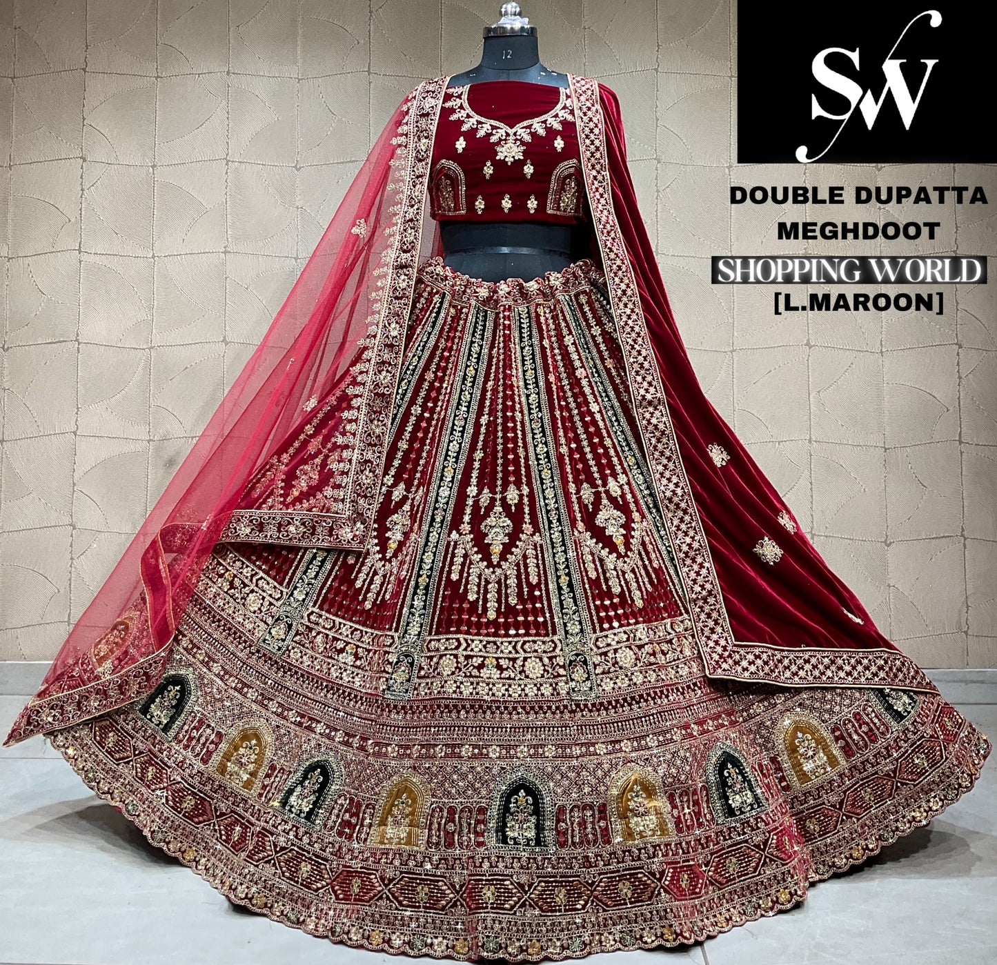 Eye catching dark maroon Velvet bridal Lehenga