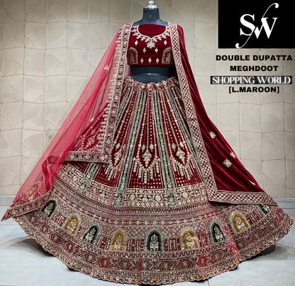 Eye catching dark maroon Velvet bridal Lehenga