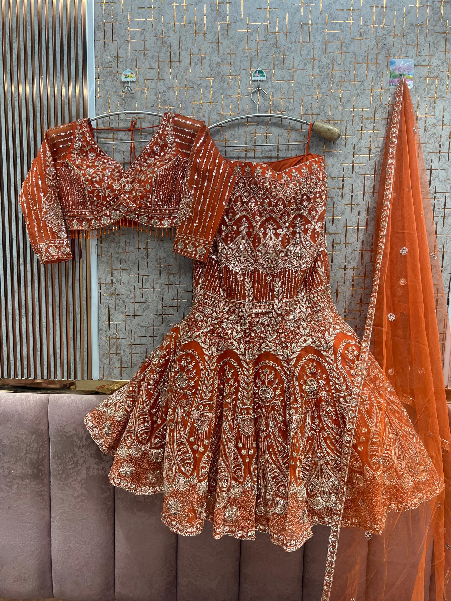 Rust Orange Fish Cut Crop Top Lehenga - Shopping World