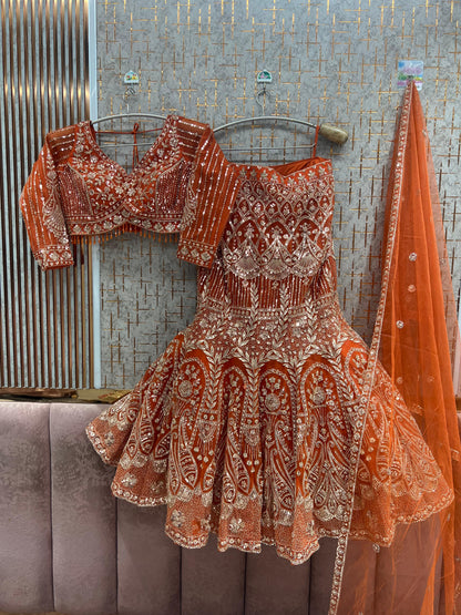 Rust Orange Fish Cut Crop Top Lehenga - Shopping World