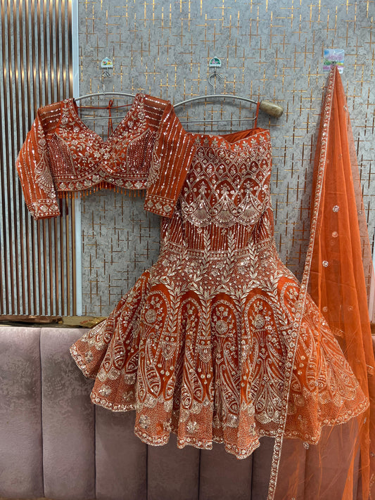 Rust Orange Fish Cut Crop Top Lehenga - Shopping World