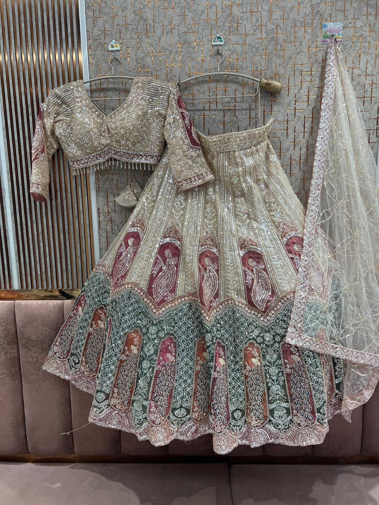 Beige golden Peacock Crop Top Lehenga