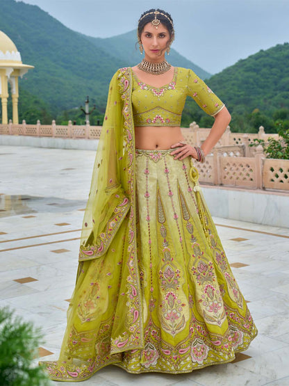 Limegreen Shade Heavy Designer Embroidered Patchwork Silk Semi Stitched Lehenga