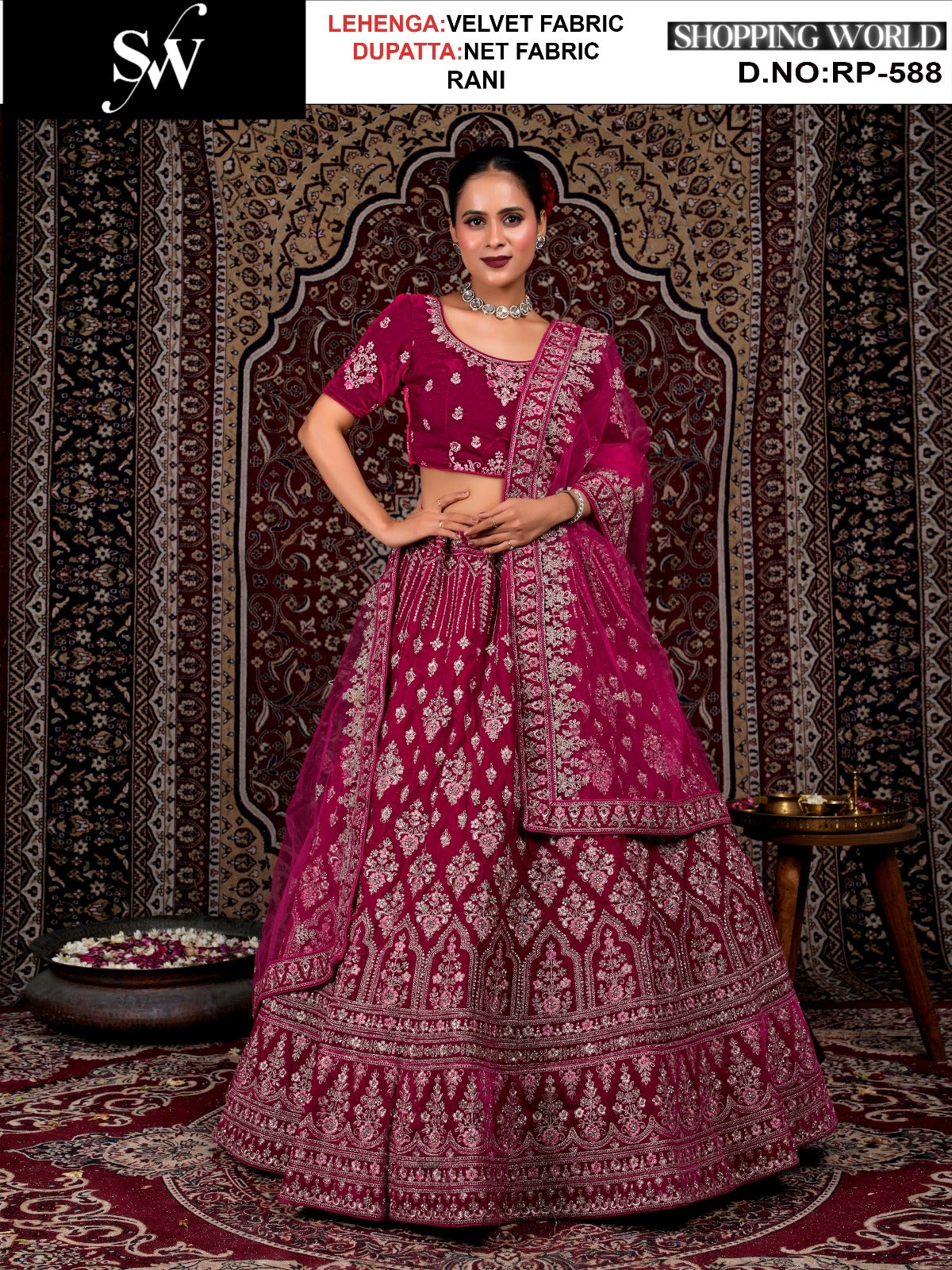 Elegant rani pink Velvet Bridal Lehenga