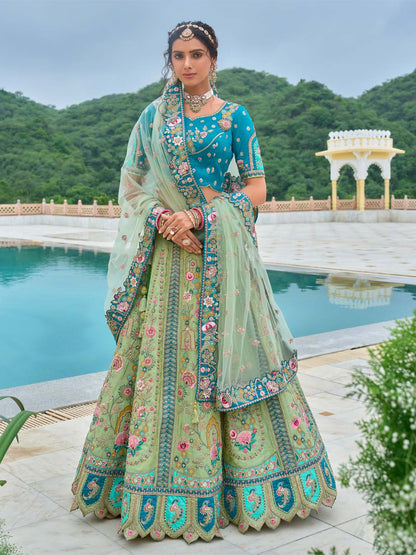 Pista-Teal Shaded Heavy Designer Embroidered Patchwork Silk Semi Stitched lehenga