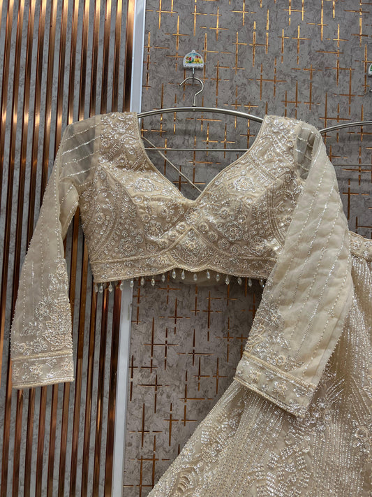 Gorgeous Beige Golden crop top Lehenga