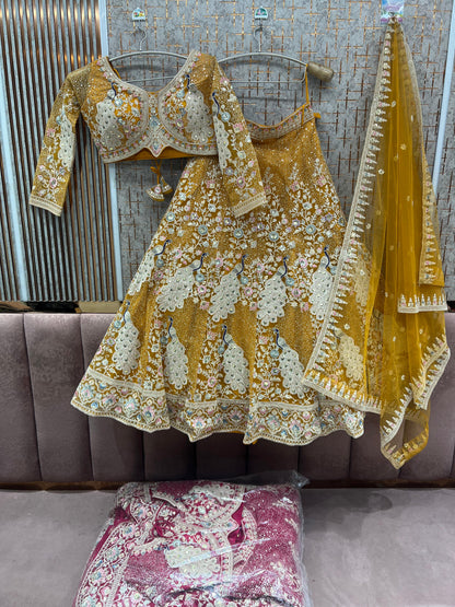 Mustard yellow Peacock Crop Top Lehenga - Shopping World