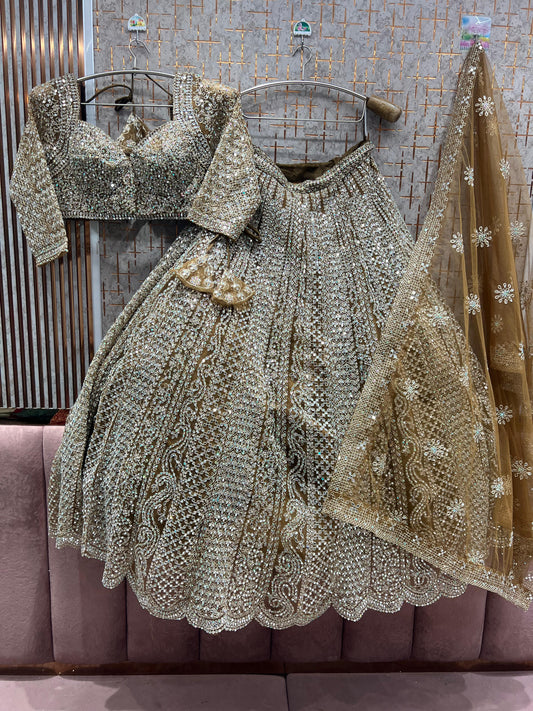 Astonishing yellow Mustard Mirror work Crop Top Lehenga