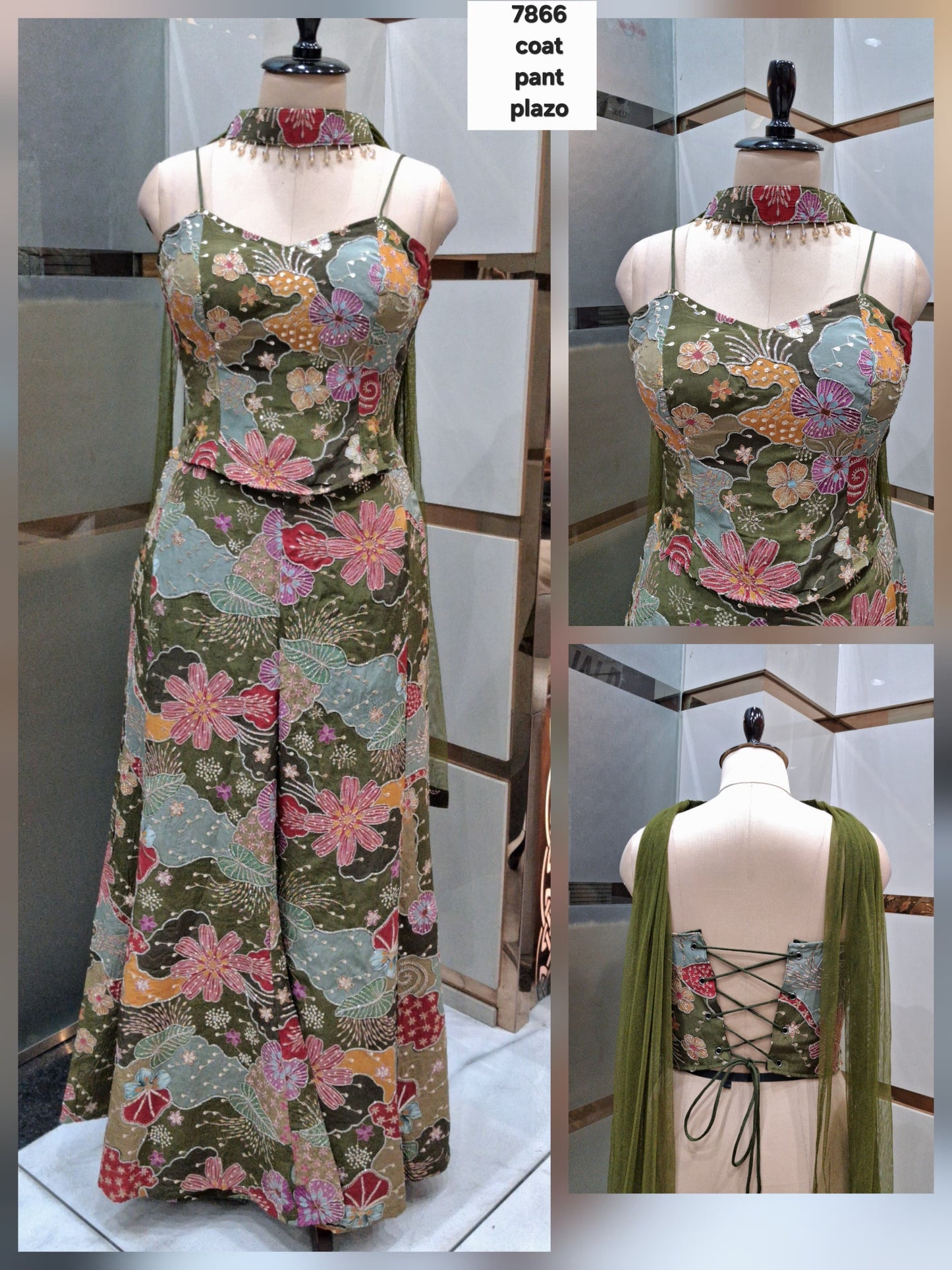 Multicolour Green Shrug Sharara Dress