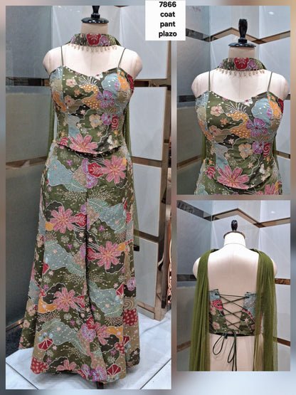 Multicolour Green Shrug Sharara Dress