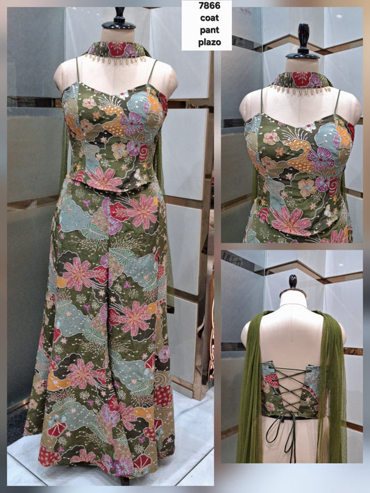 Multicolour Green Shrug Sharara Dress