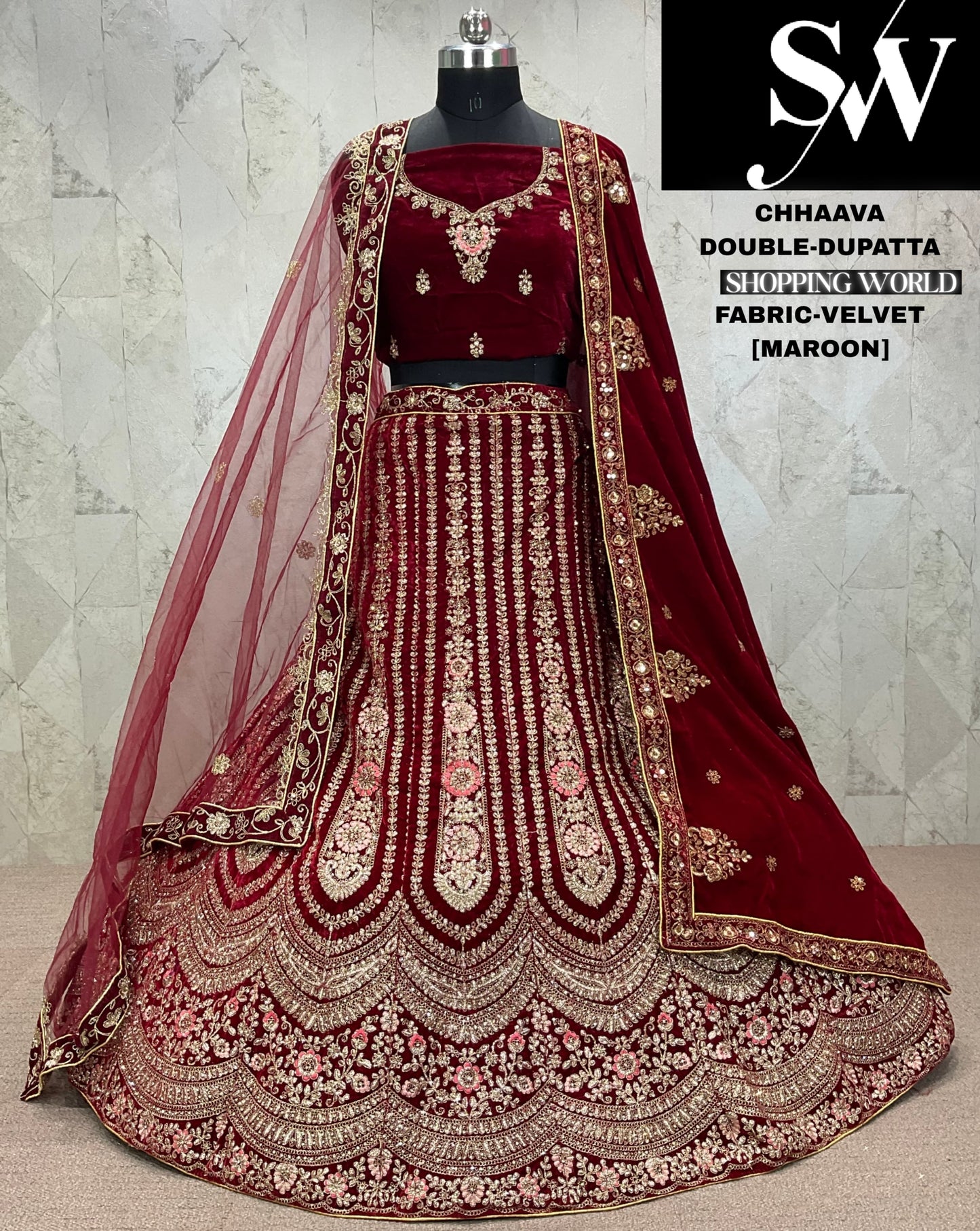 Cute maroon Velvet bridal Lehenga