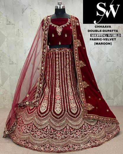 Cute maroon Velvet bridal Lehenga