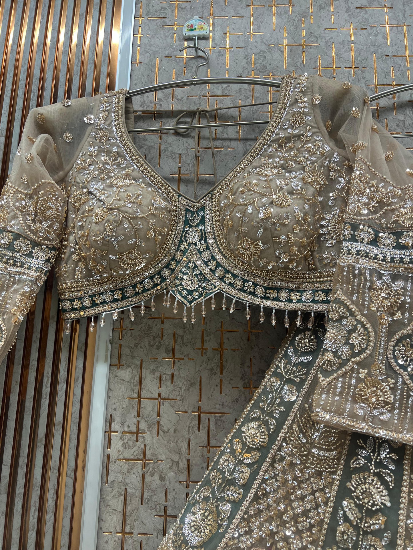 Beige Golden crop Top Lehenga