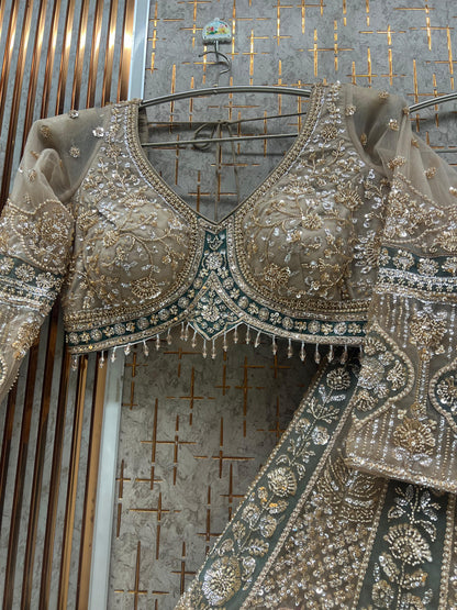 Beige Golden crop Top Lehenga