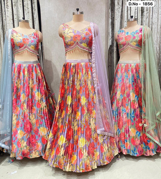 Blue Pink Green Multicolour Crop Top Lehenga