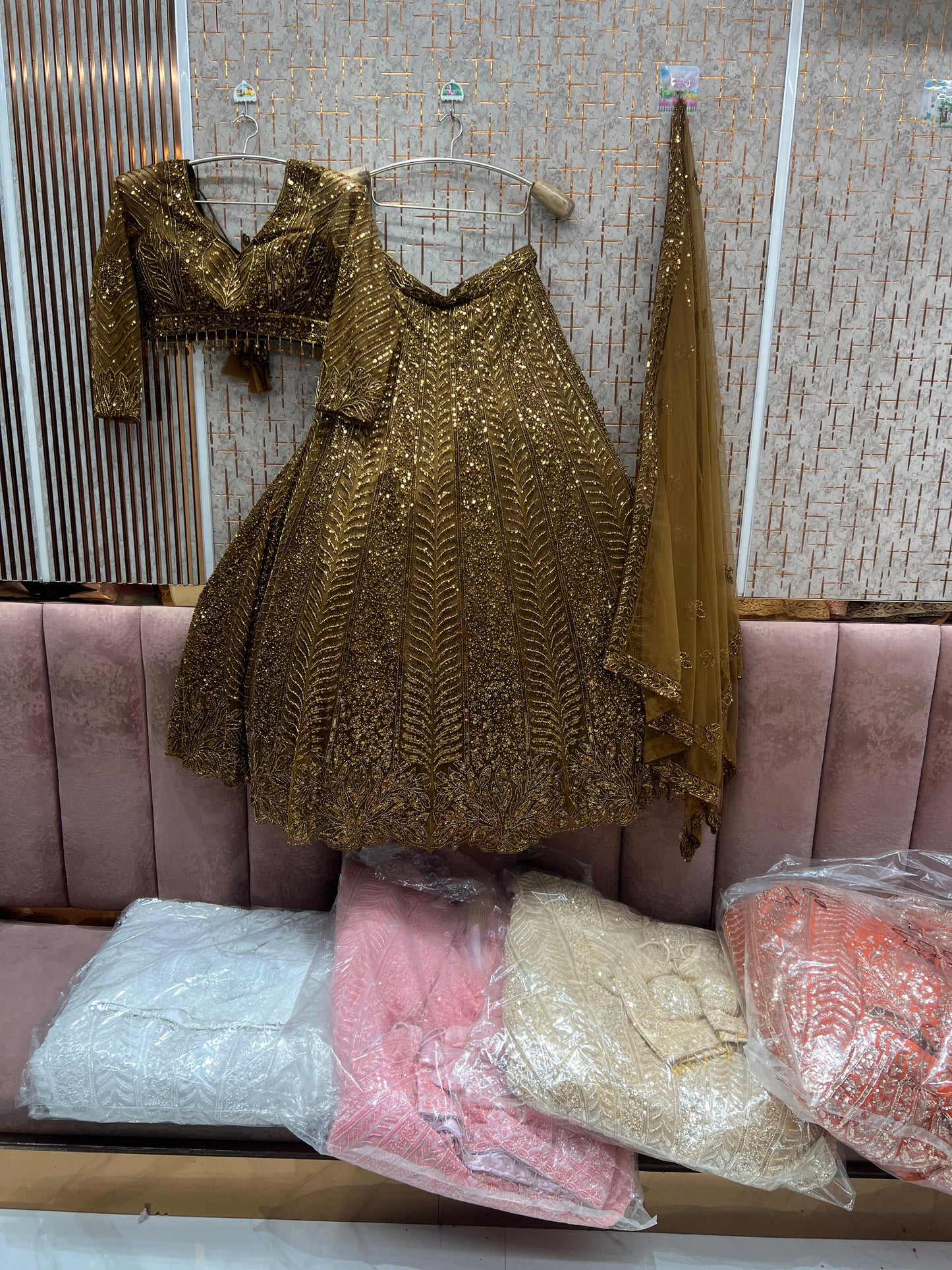 Gorgeous Dark Golden on golden monotone crop Top Lehenga