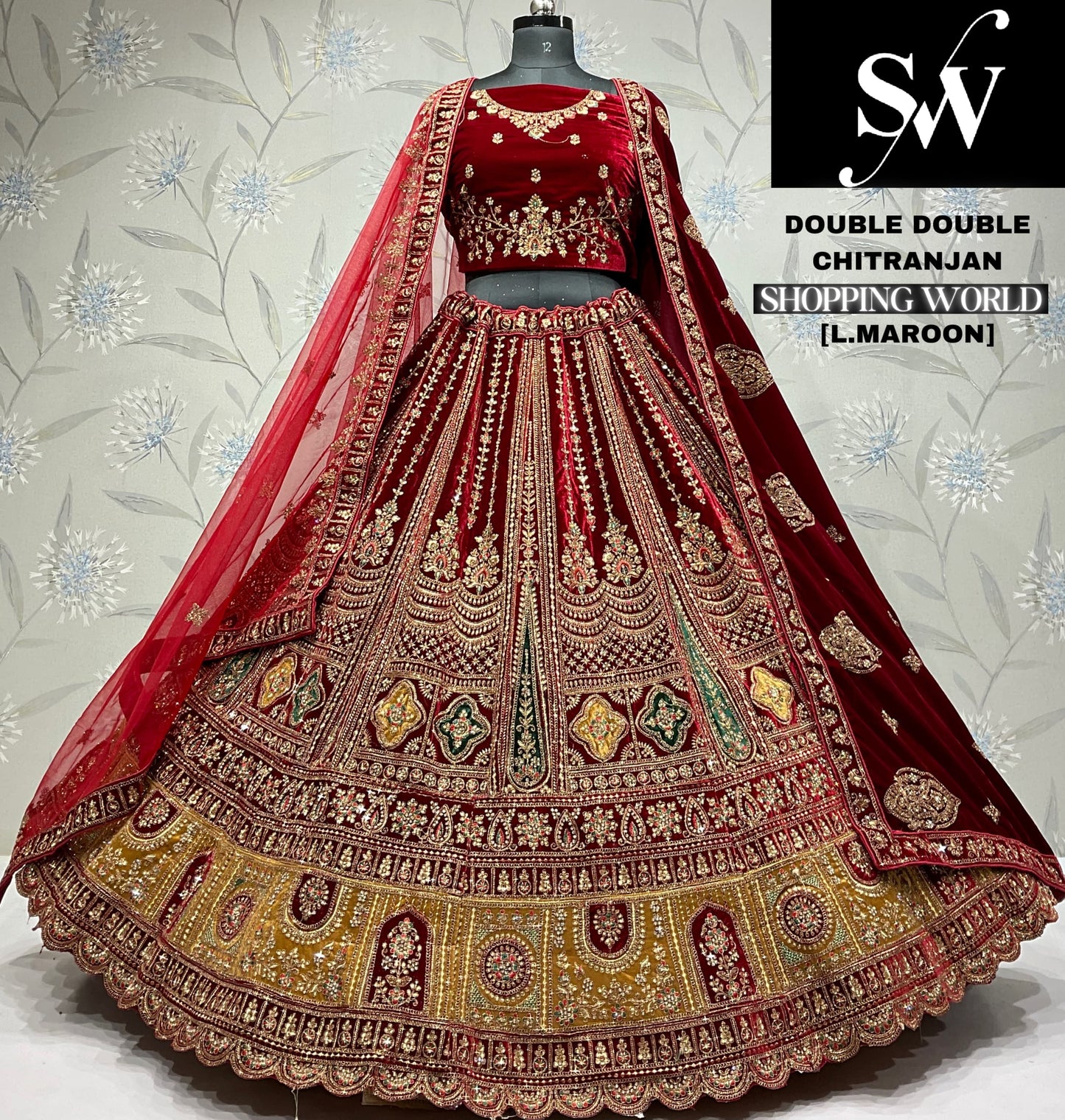 Glamorous maroon Velvet bridal Lehenga