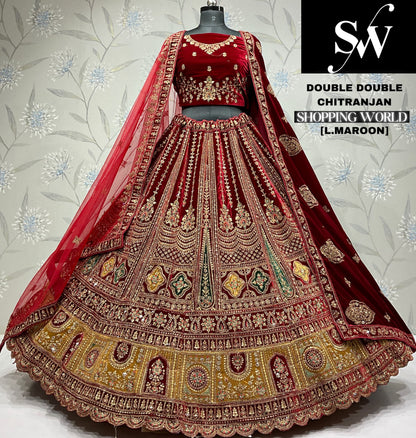 Glamorous maroon Velvet bridal Lehenga