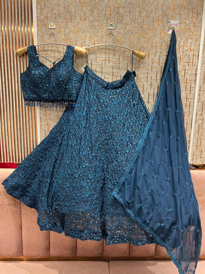 Pleasing Blue On Blue Monotone Crop Top Lehenga