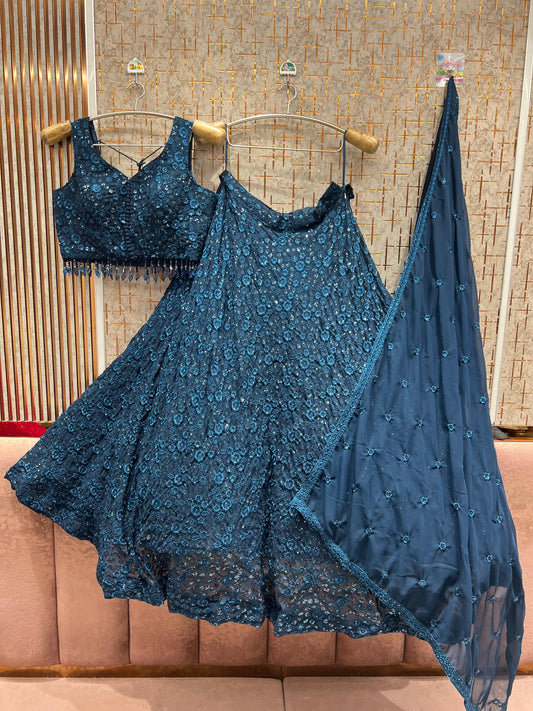 Pleasing Blue On Blue Monotone Crop Top Lehenga