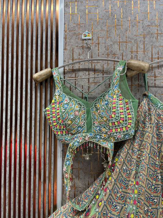 Green Multicolour pdp Crop Top Lehenga