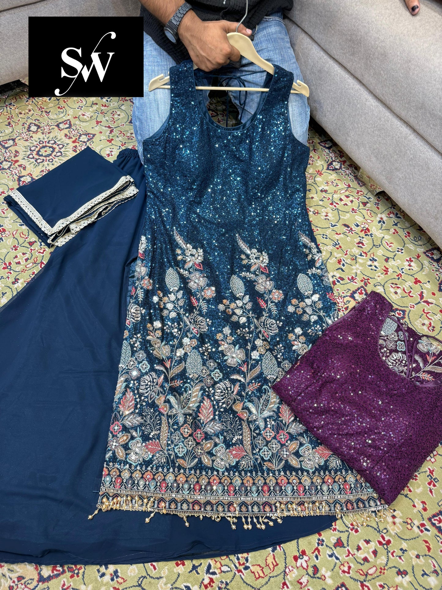 Elegant Dark blue unstitched salwar suit shrug dress material