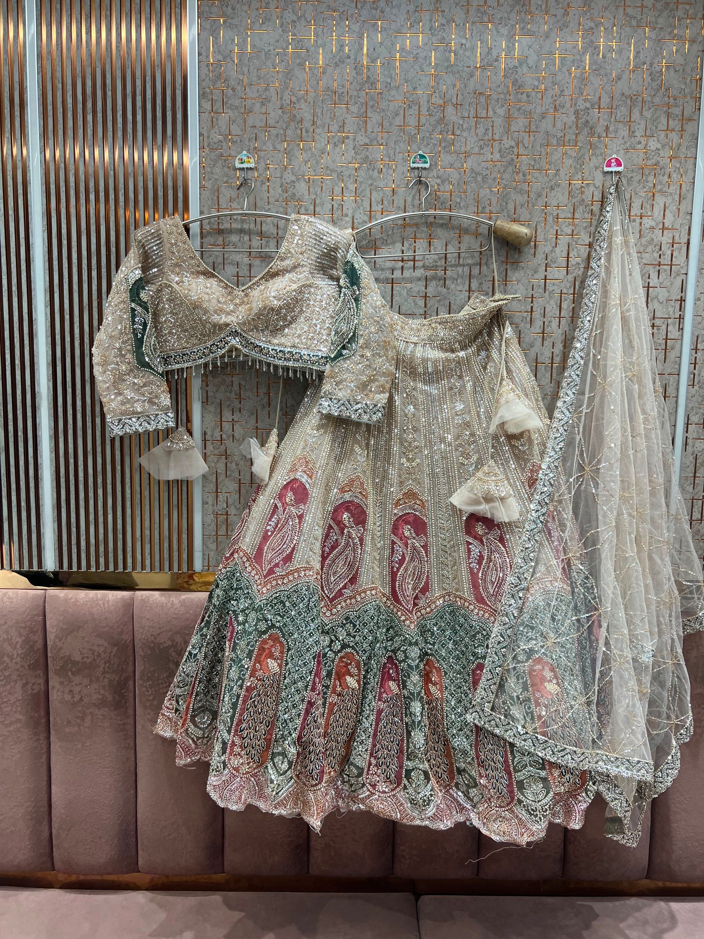 Golden Green Peacock Crop Top Lehenga