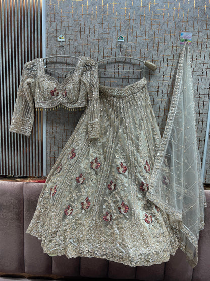 White Peacock Crop Top Lehenga