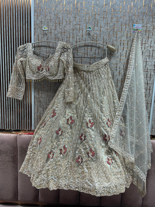 White Peacock Crop Top Lehenga