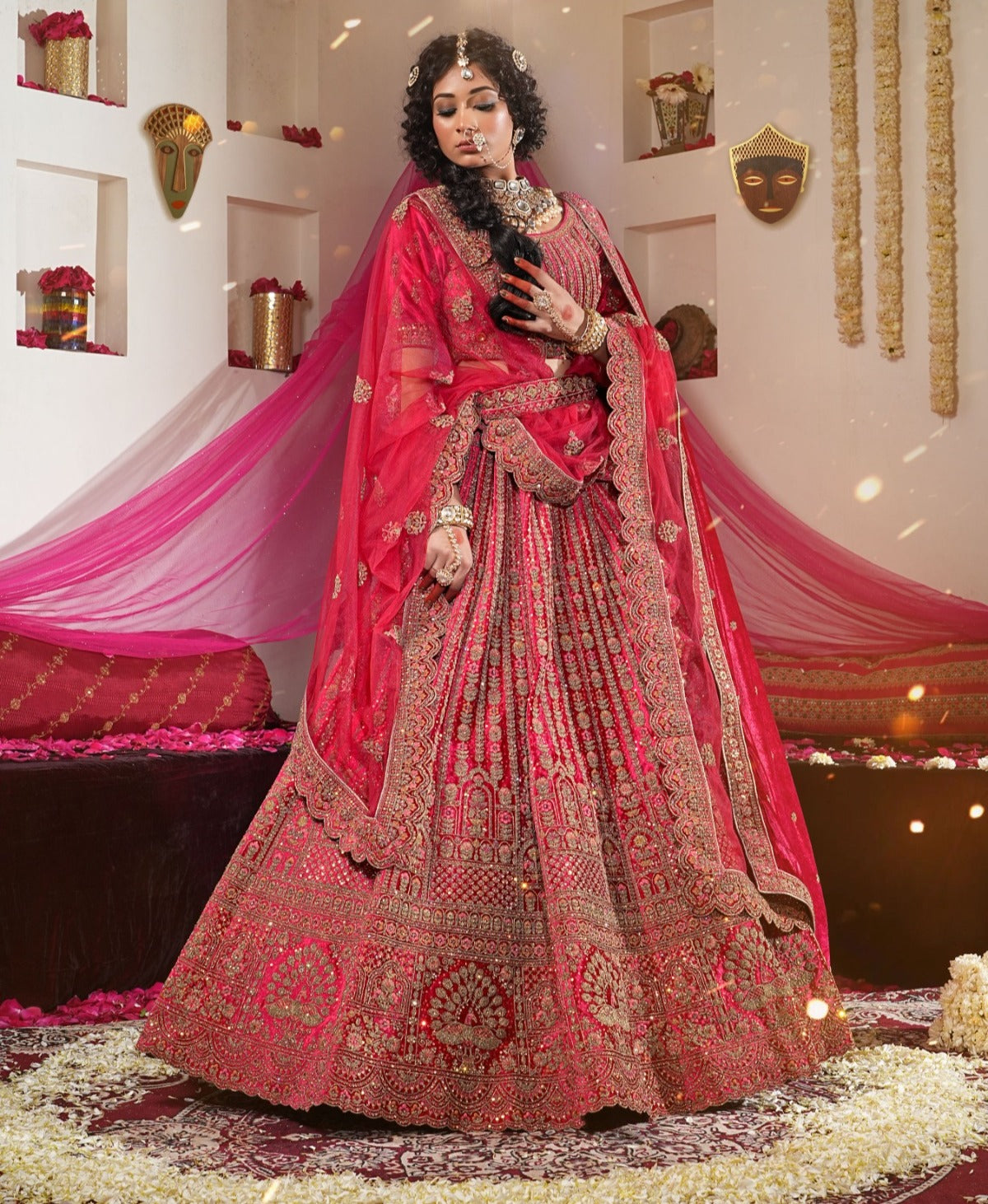 Fantastic rani pink double duptta bridal lehenga velvet fabric net dupatta