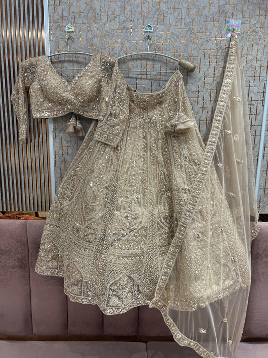 Beige Golden Crop top Lehenga