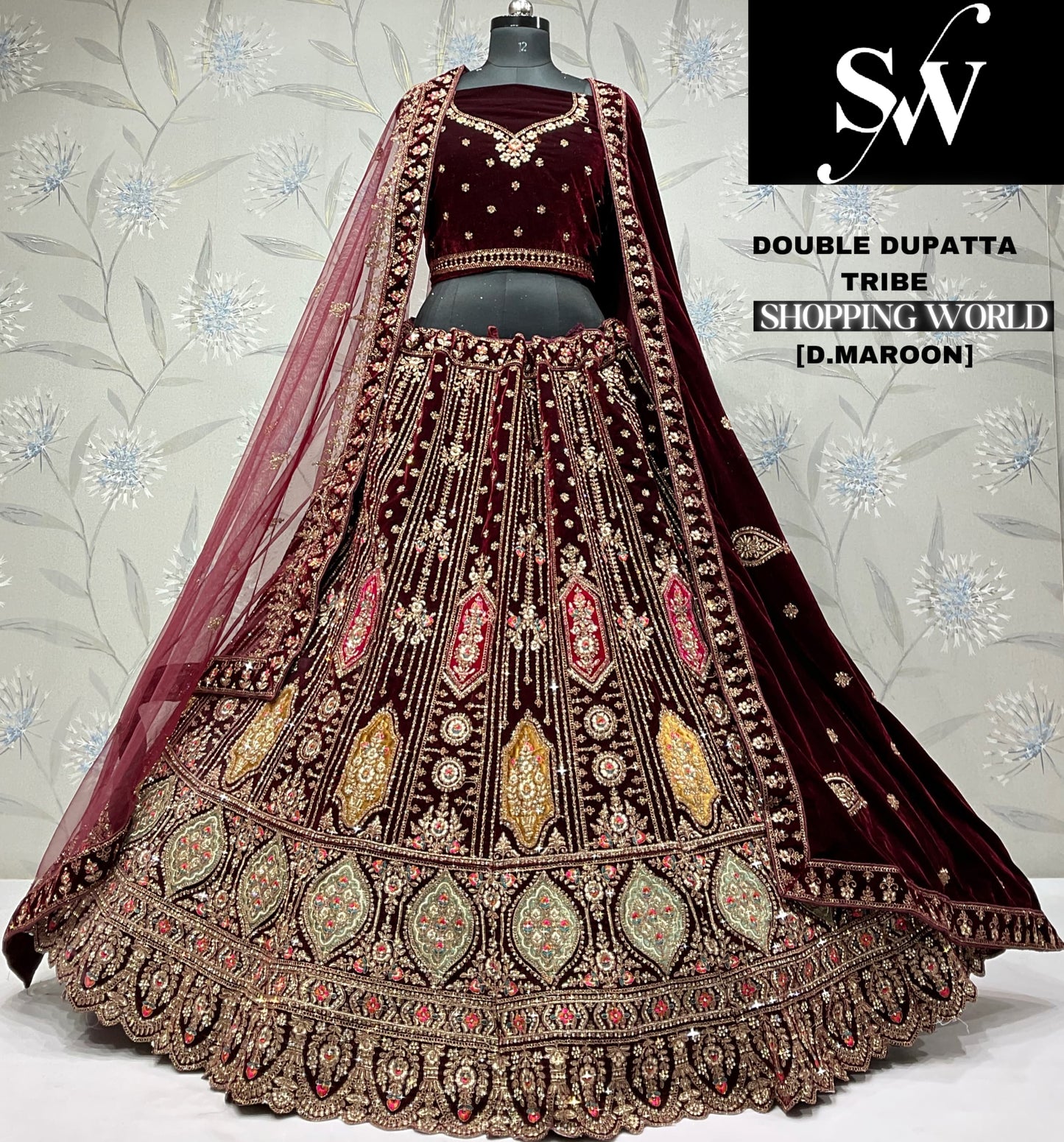 Pretty dark maroon Velvet bridal Lehenga