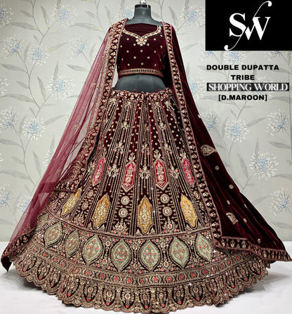 Pretty dark maroon Velvet bridal Lehenga