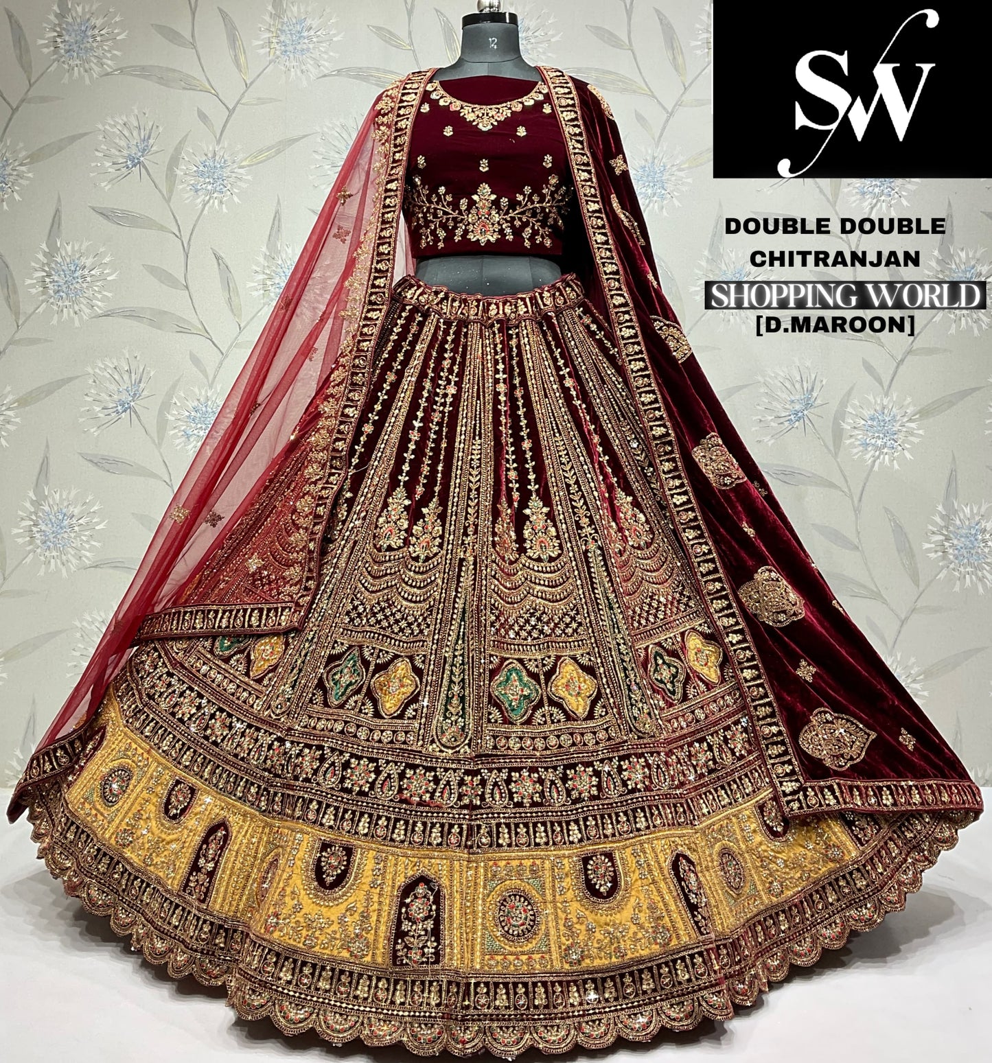 Glamorous maroon Velvet bridal Lehenga