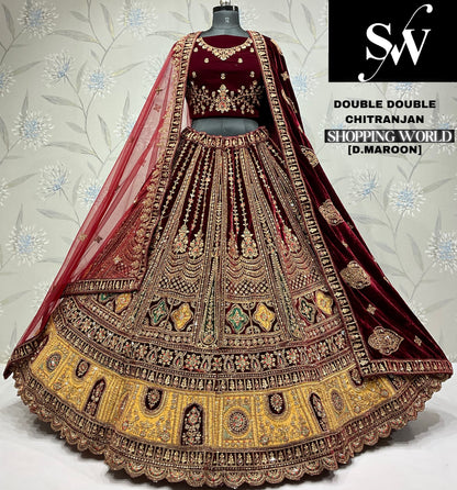 Glamorous maroon Velvet bridal Lehenga
