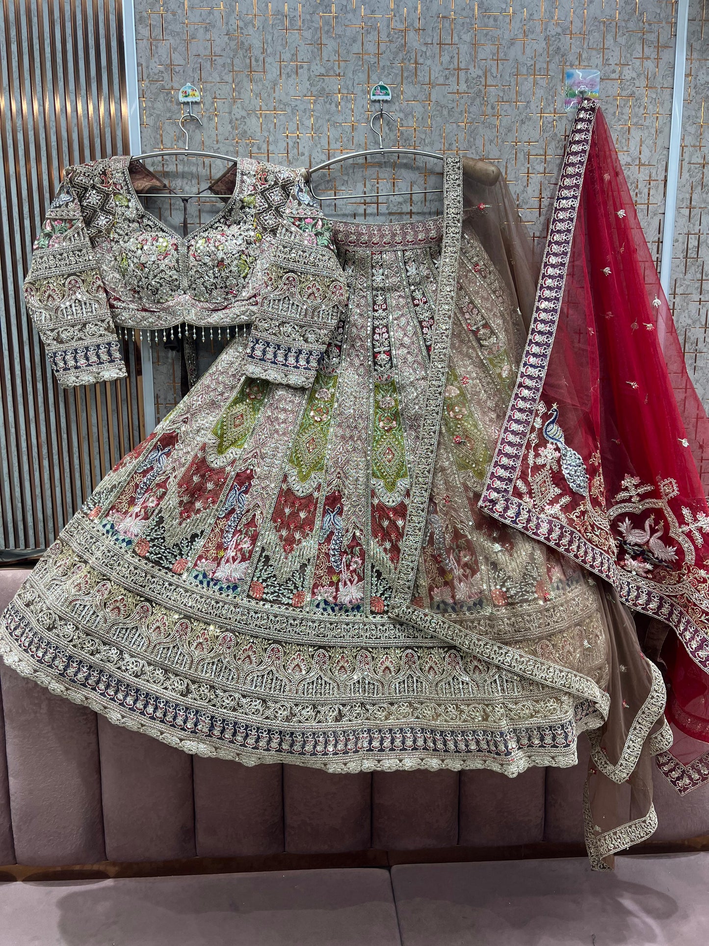 Fabulous Pink Mustard Double Duptta Crop Top Lehenga