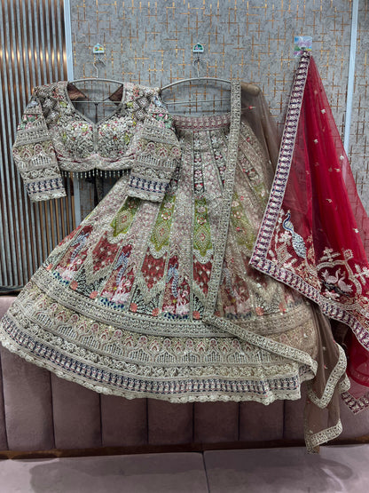 Fabulous Pink Mustard Double Duptta Crop Top Lehenga