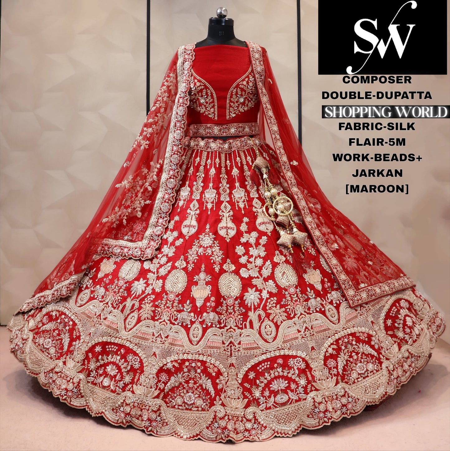 Rani pink silk double dupatta bridal Lehenga