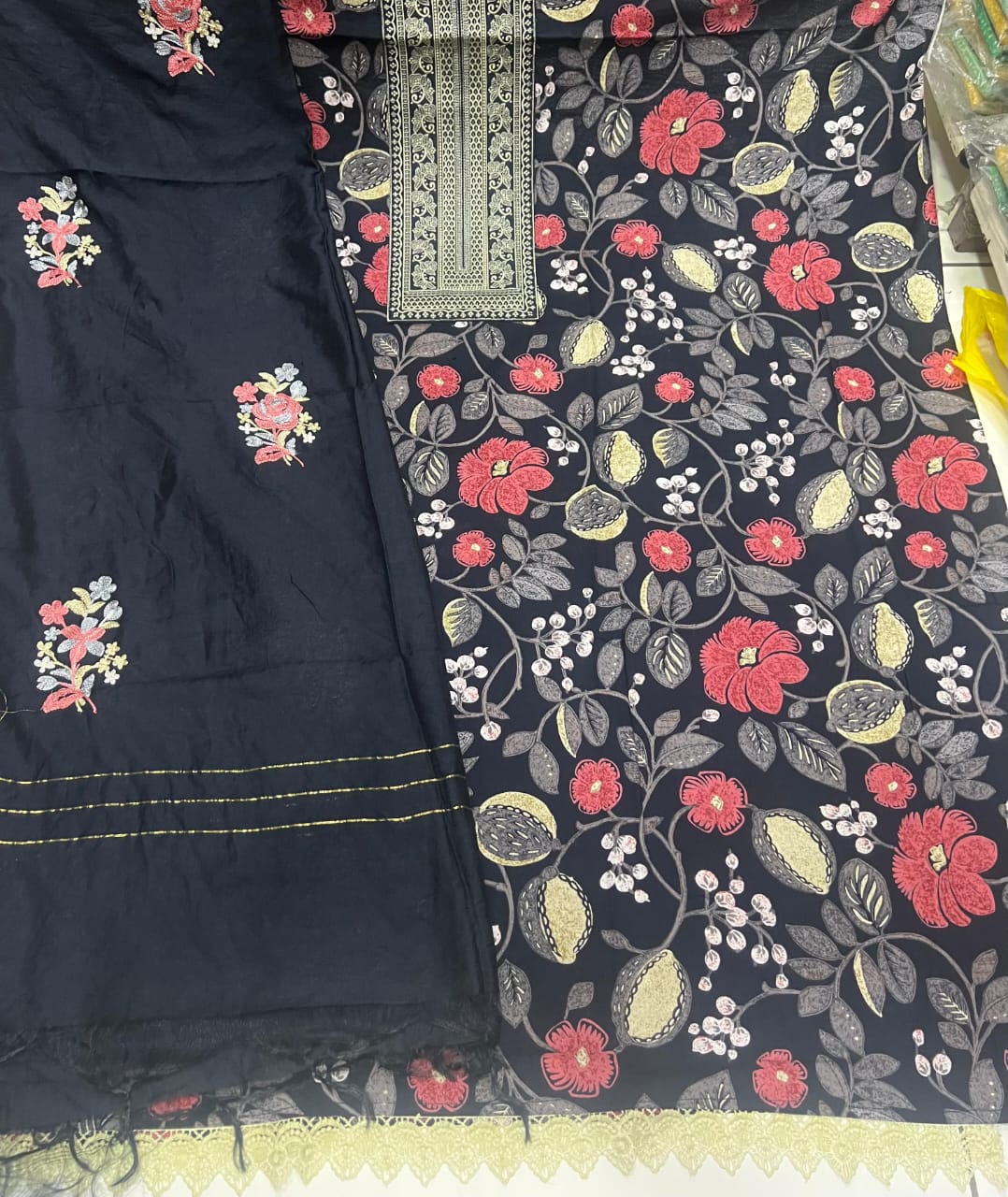 Stunning black floral unstitched salwar suit dress material (free size)