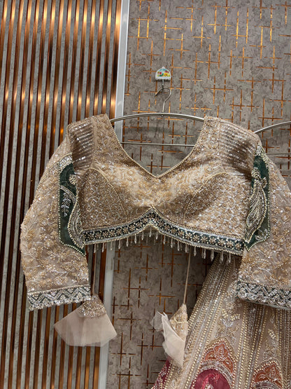 White Golden Peacock Crop Top Lehenga