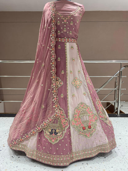 Lavender Pink Double Shade Peacock Lehenga