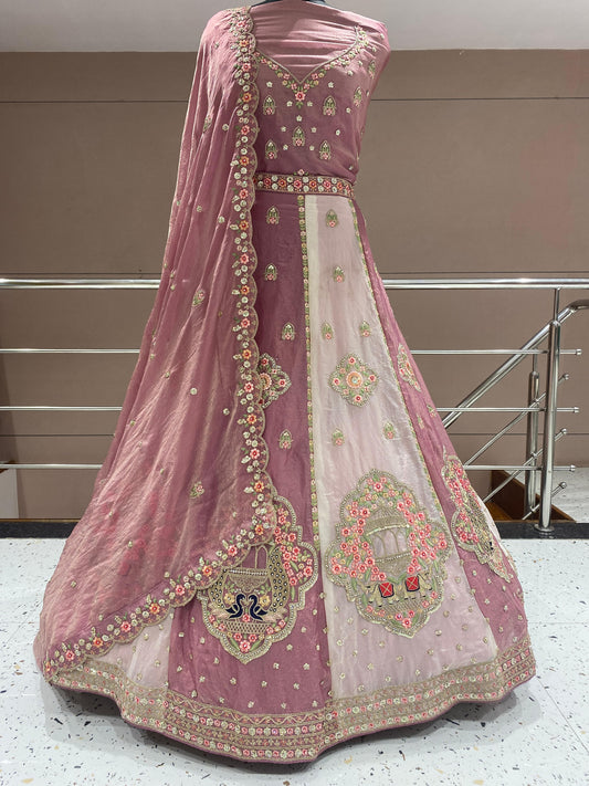 Lavender Pink Double Shade Peacock Lehenga