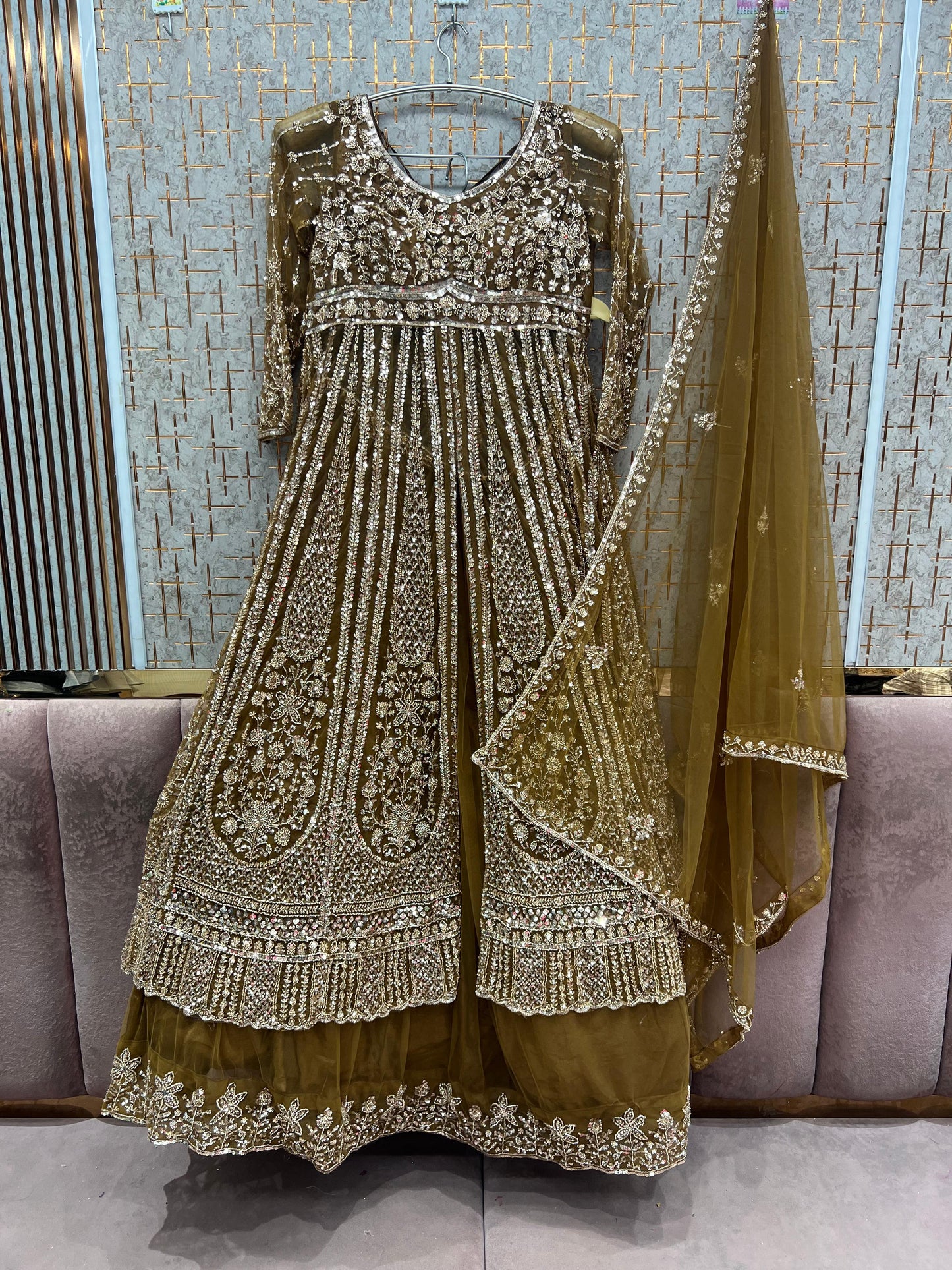 Beige Golden long Farshi Garara Peplum Dress Special