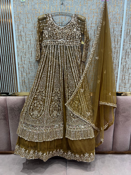 Beige Golden long Farshi Garara Peplum Dress Special