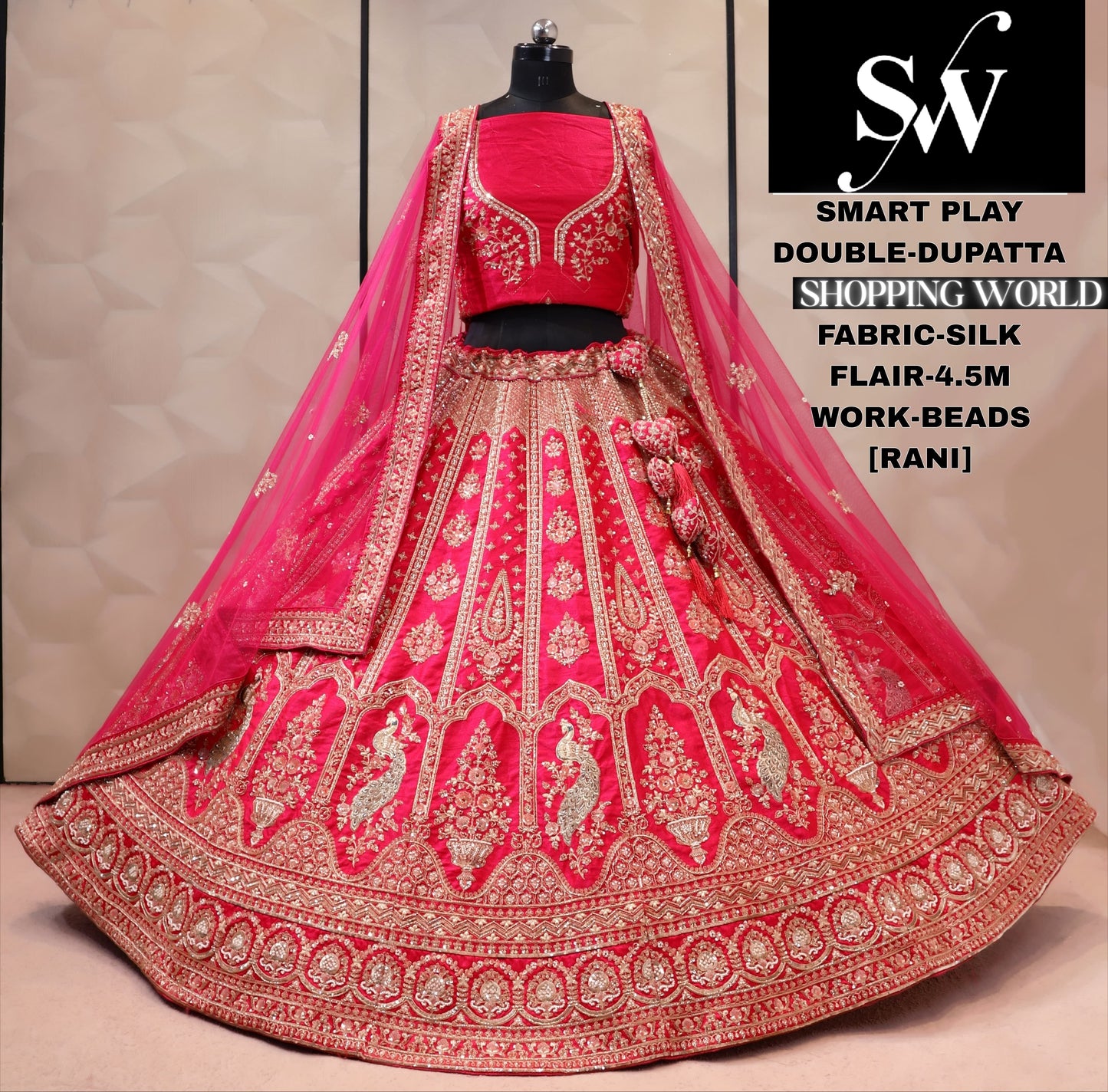 Rani pink silk double dupatta bridal Lehenga